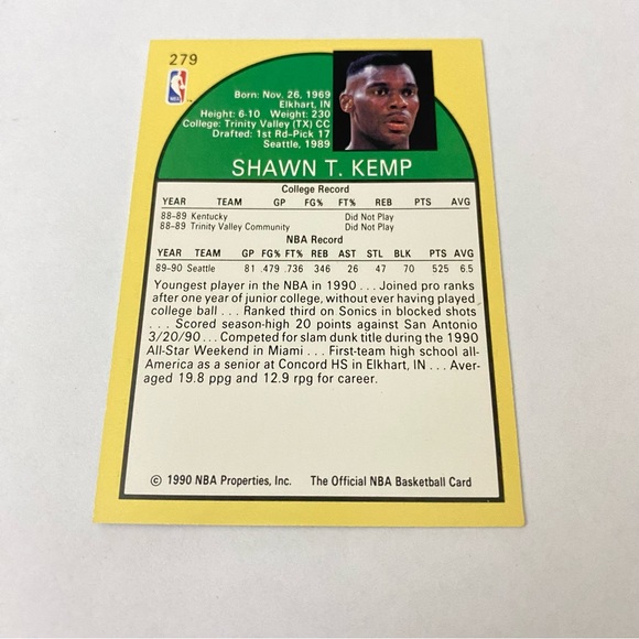 Shawn Kemp 1990 Rookie Basketball Card NBA Hoops 279 Seattle Supersonics #279 - Picture 2 of 2